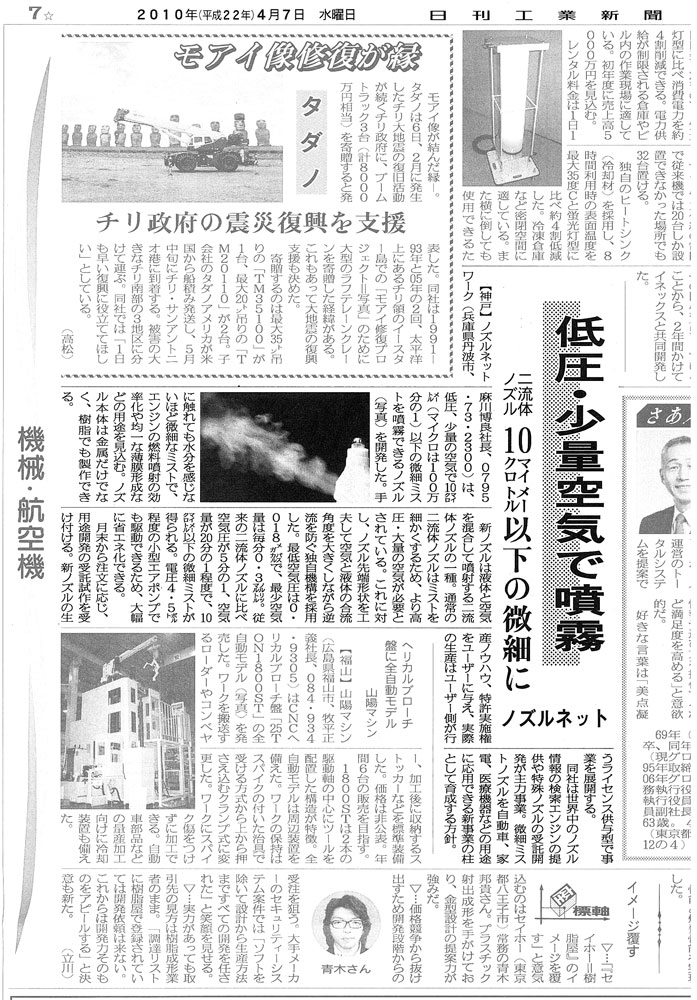 日刊工業新聞平成22年4月7日掲載記事